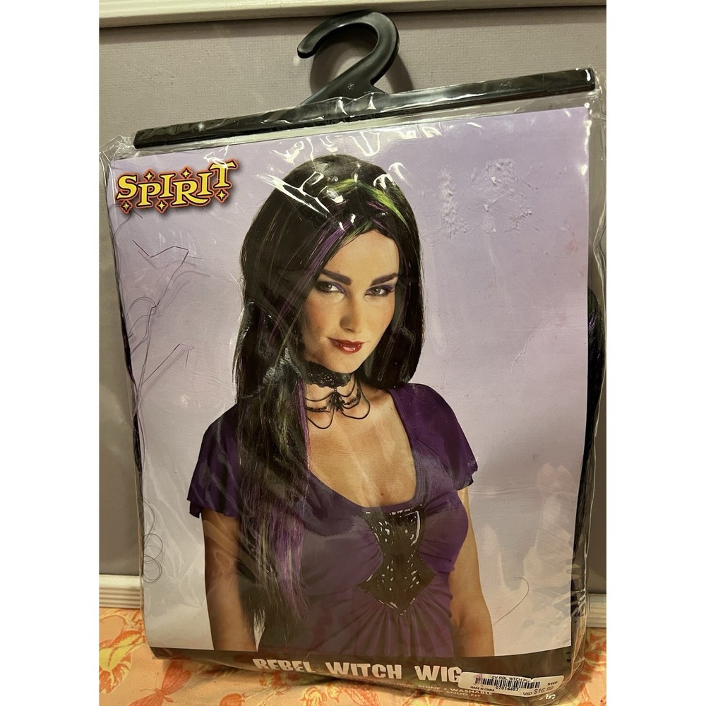 Spirit Halloween Rebel Witch Wig Hallween Costume Black Hair Purple Green Accent